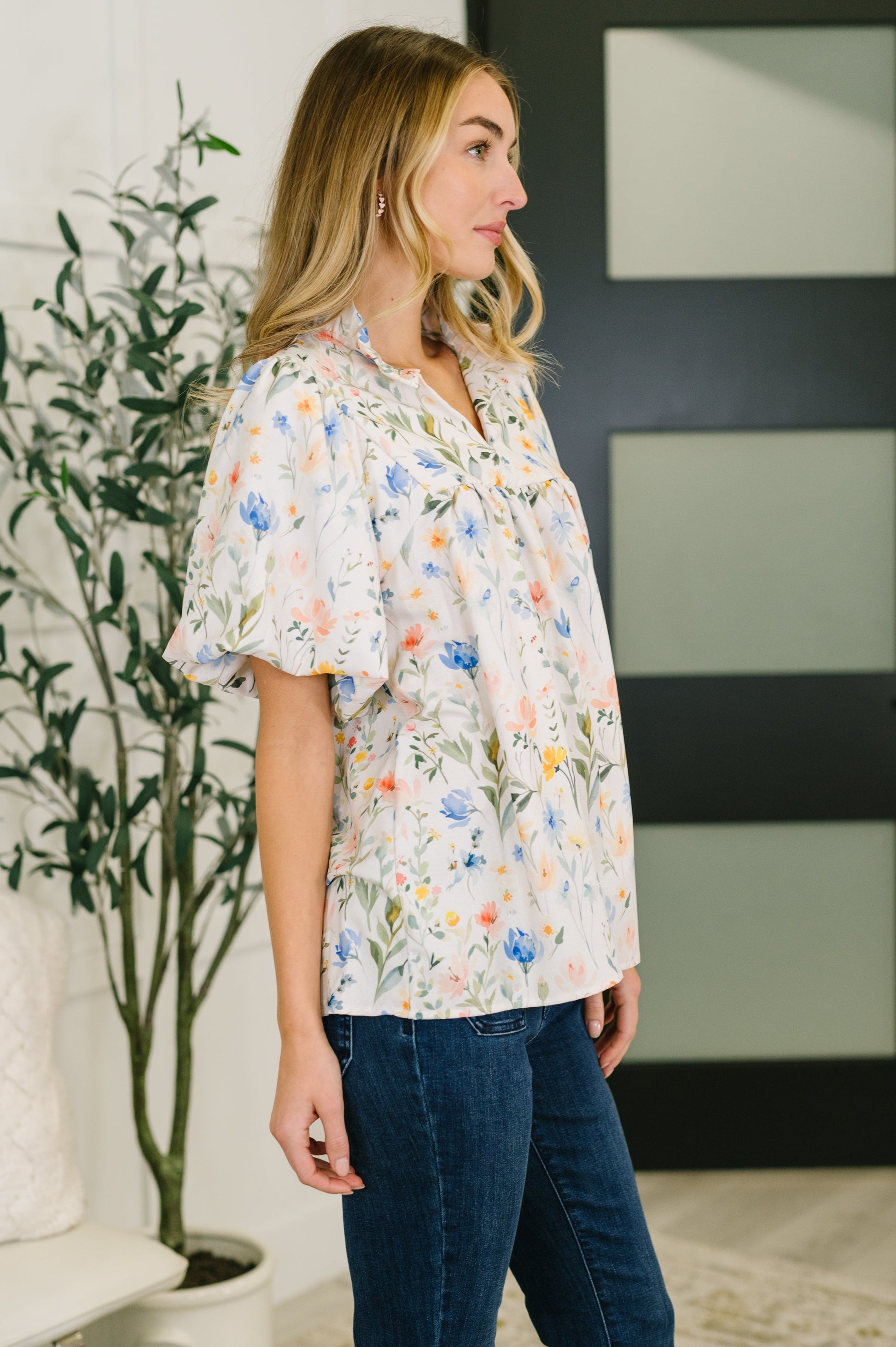 In All This Time notch neck floral blouse in crisp poplin fabric – alternate view 4
