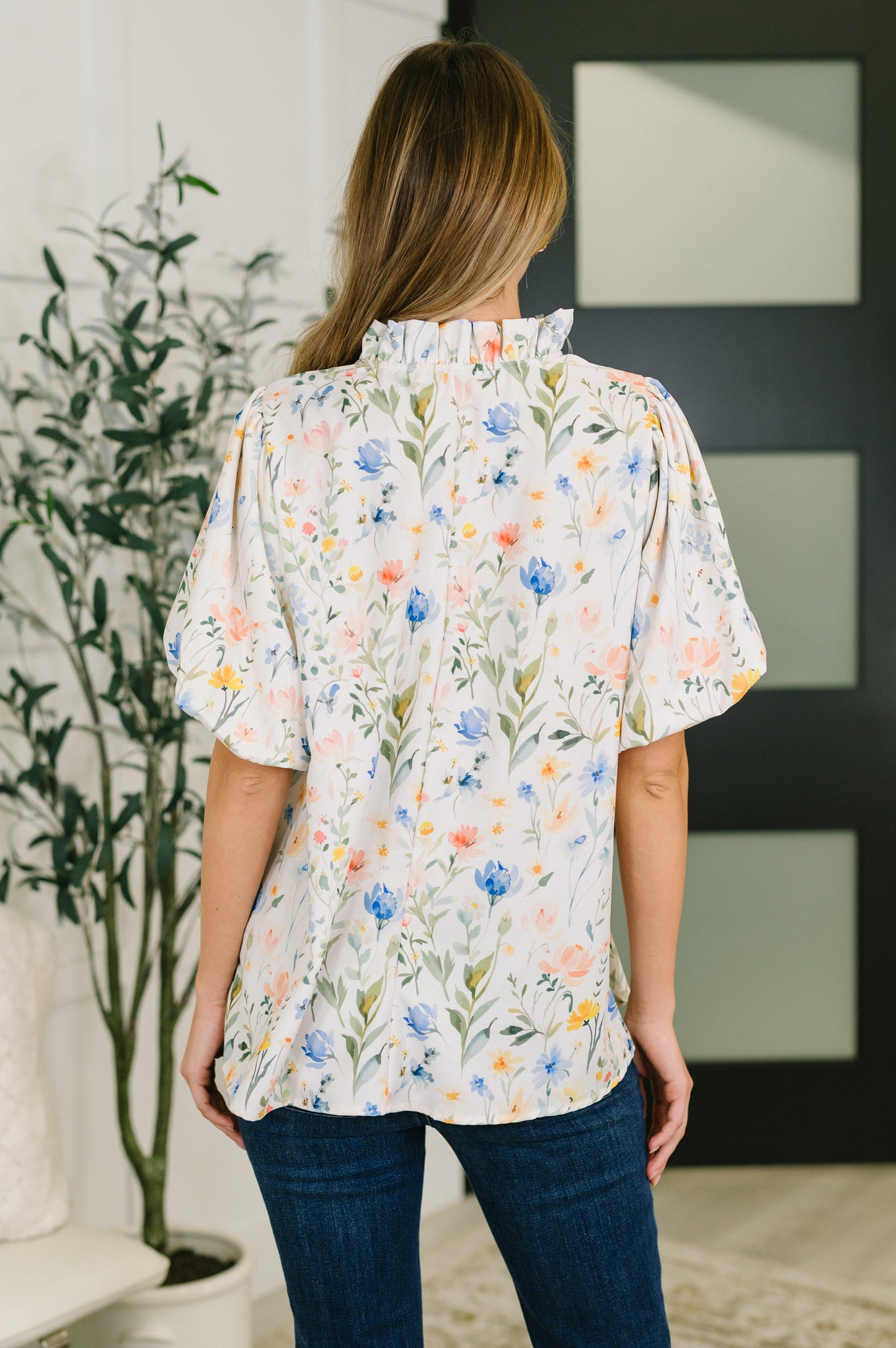 In All This Time notch neck floral blouse in crisp poplin fabric – alternate view 5