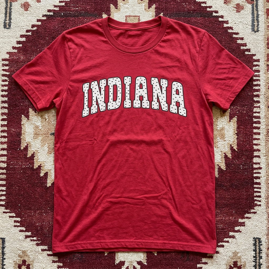 Red t-shirt with 'INDIANA' printed on it, laid flat on a patterned surface.