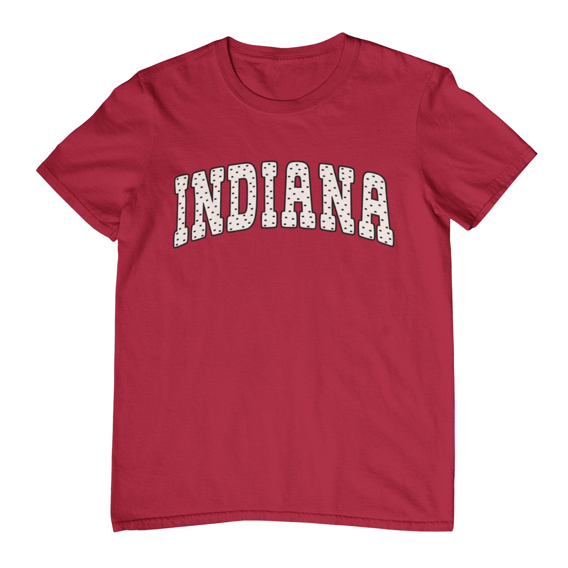 Red t-shirt with 'INDIANA' text on a white background
