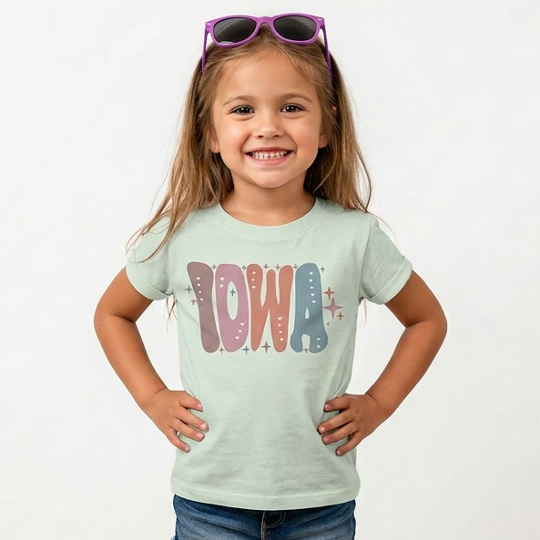 Young girl wearing a light green t-shirt with 'IOWA' printed on it, standing against a white background.