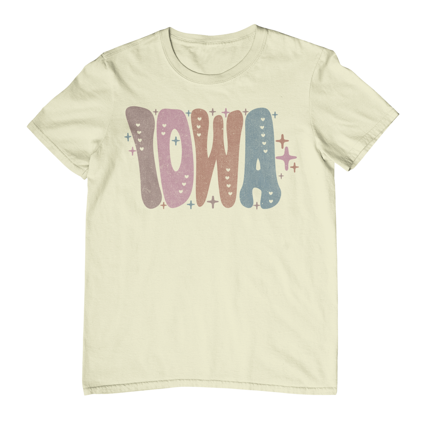 Beige t-shirt with 'Iowa' printed in colorful letters on a white background