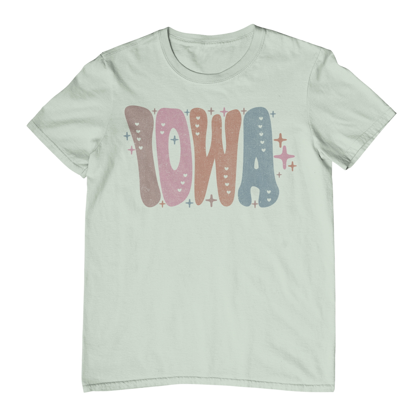 Light green t-shirt with 'Iowa' graphic in pastel colors on a white background