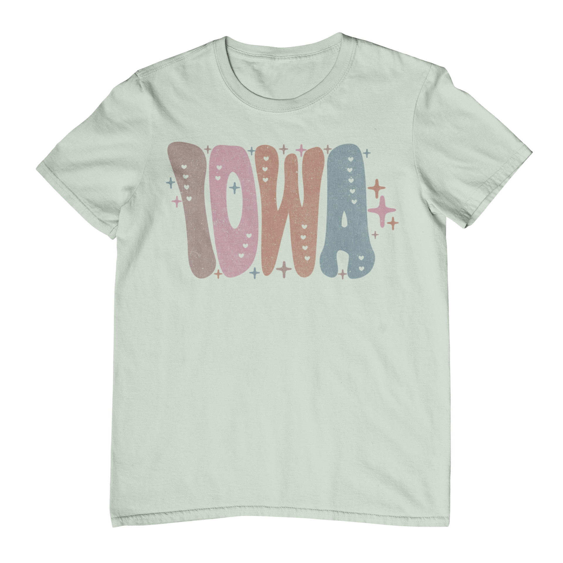Light green t-shirt with 'Iowa' graphic in pastel colors on a white background