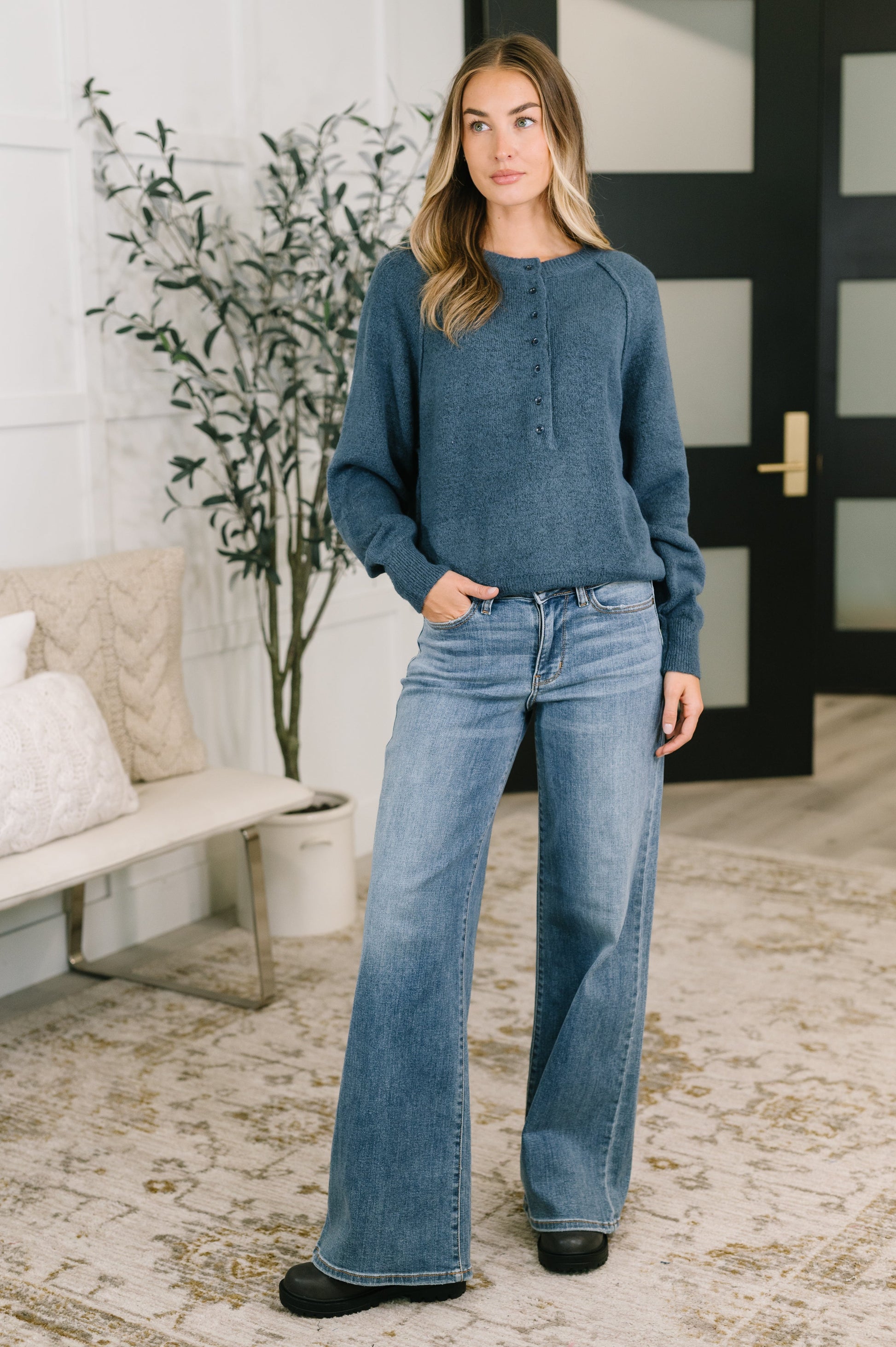 Just For Me Henley Brushed Pullover in Dusty Blue – alternate view 2