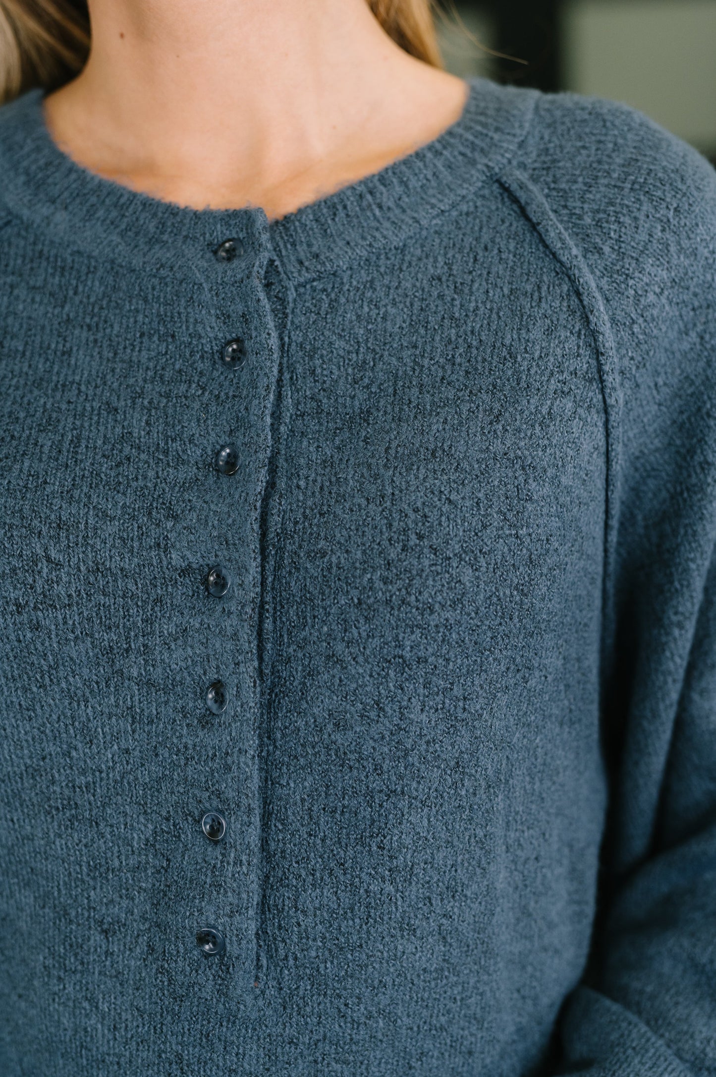 Just For Me Henley Brushed Pullover in Dusty Blue – alternate view 3