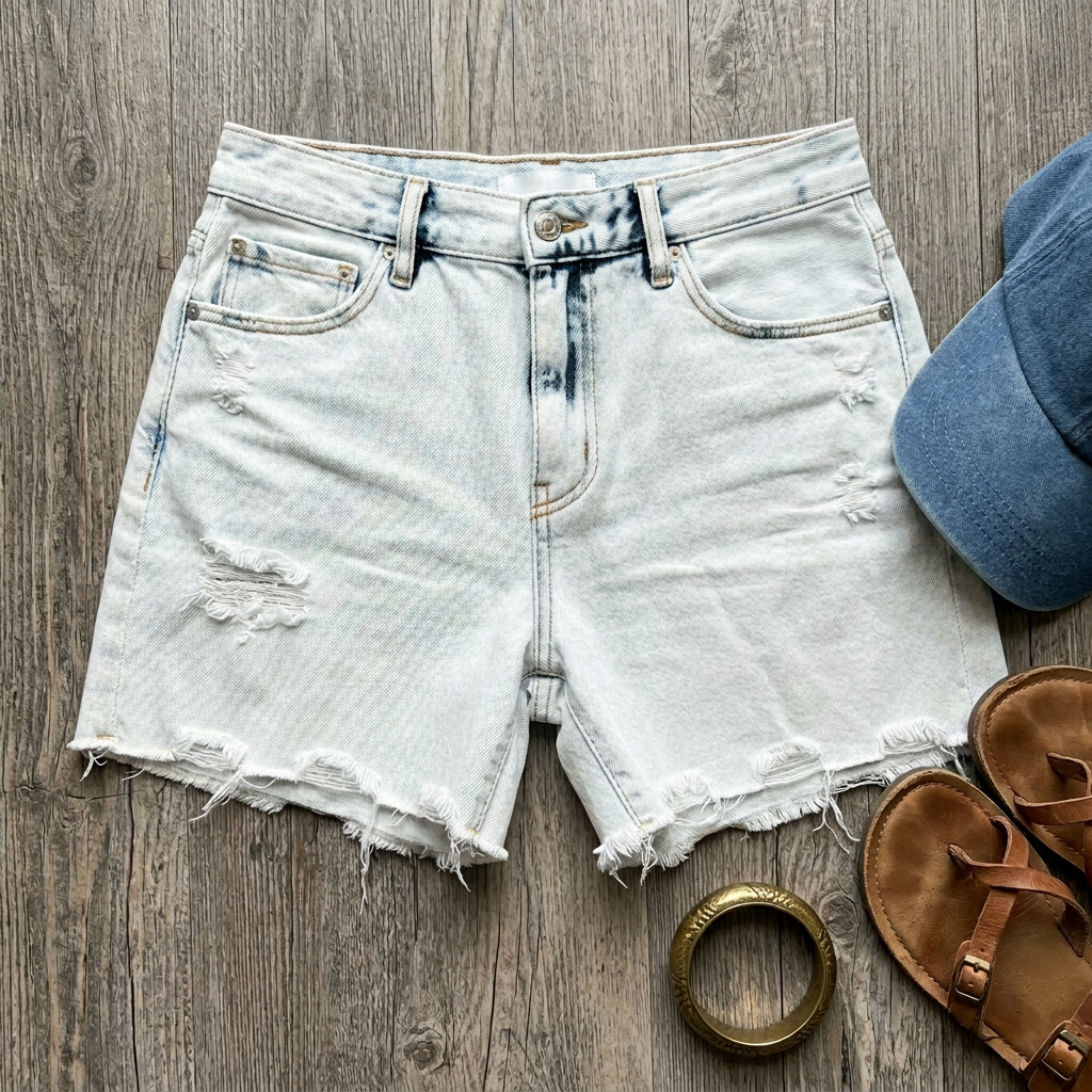 Denim shorts with a cap, sandals, and bracelet on a wooden surface