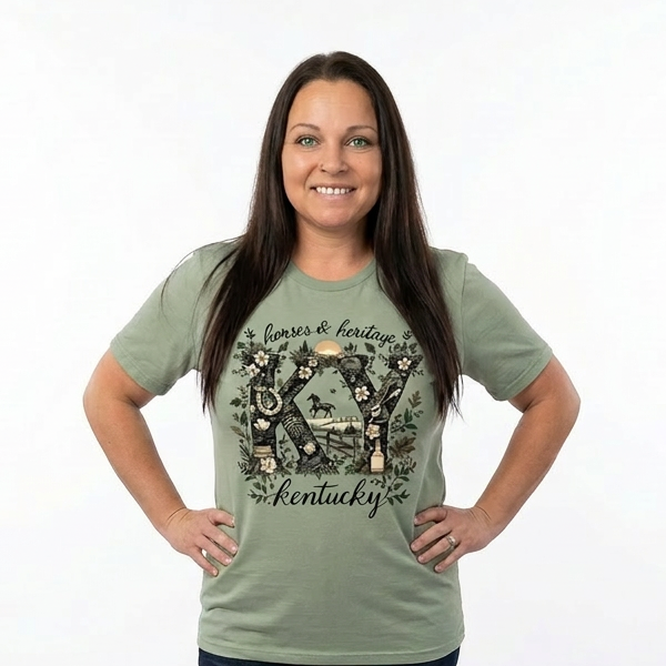 Woman wearing a green t-shirt with a Kentucky graphic design on a white background