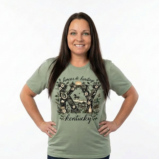 Woman wearing a green t-shirt with a Kentucky graphic design on a white background