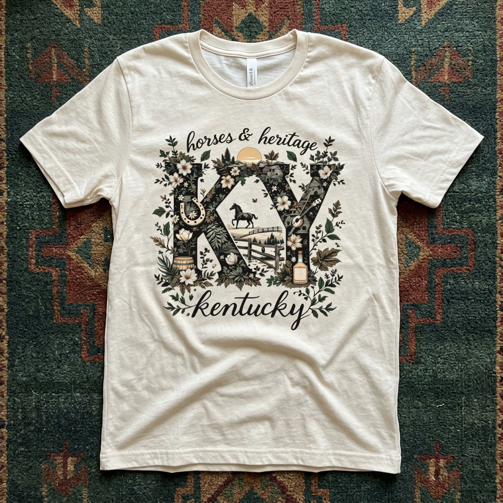 Natural colored t-shirt with 'horses & heritage KY Kentucky' design on a patterned rug