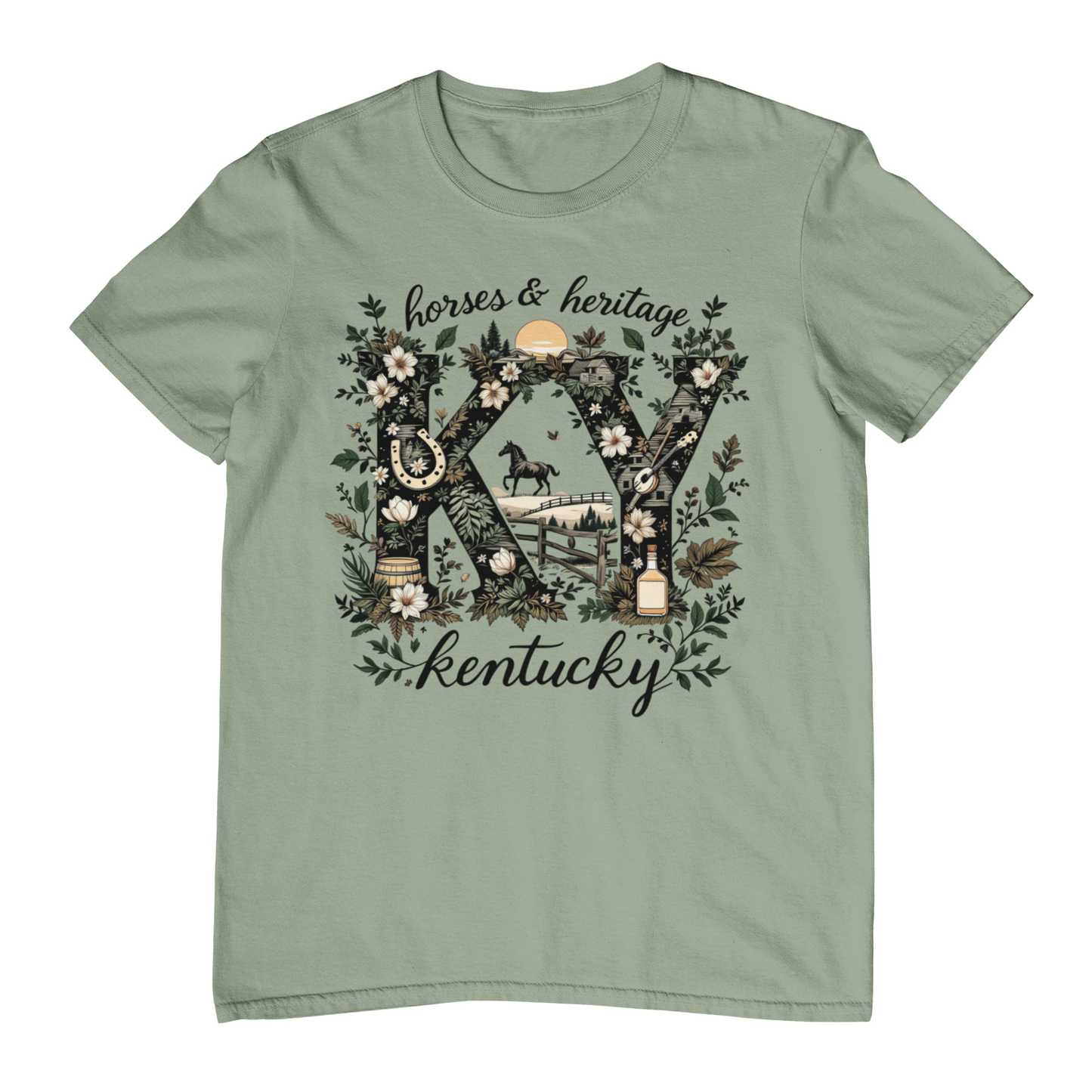 Green t-shirt with 'horses & heritage KY Kentucky' design on a white background