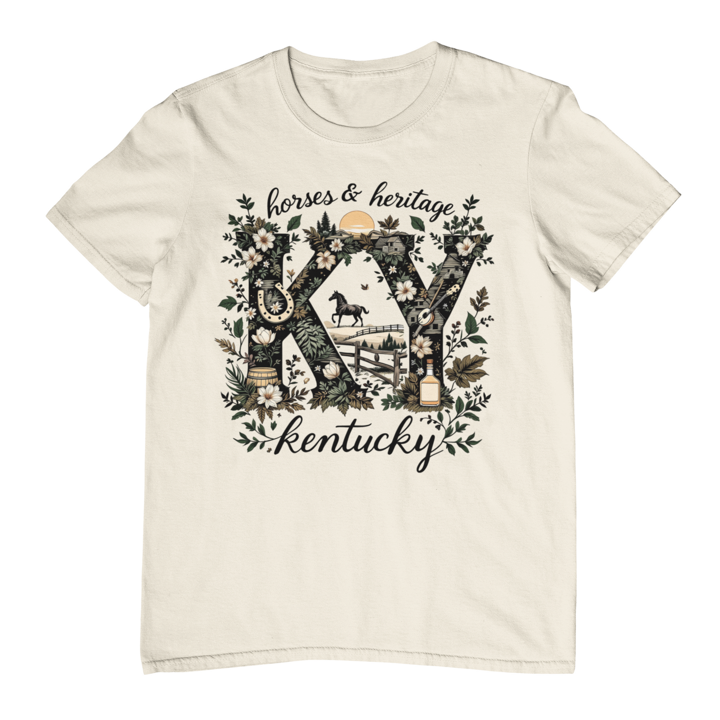 Beige t-shirt with 'horses & heritage KY Kentucky' design on a white background