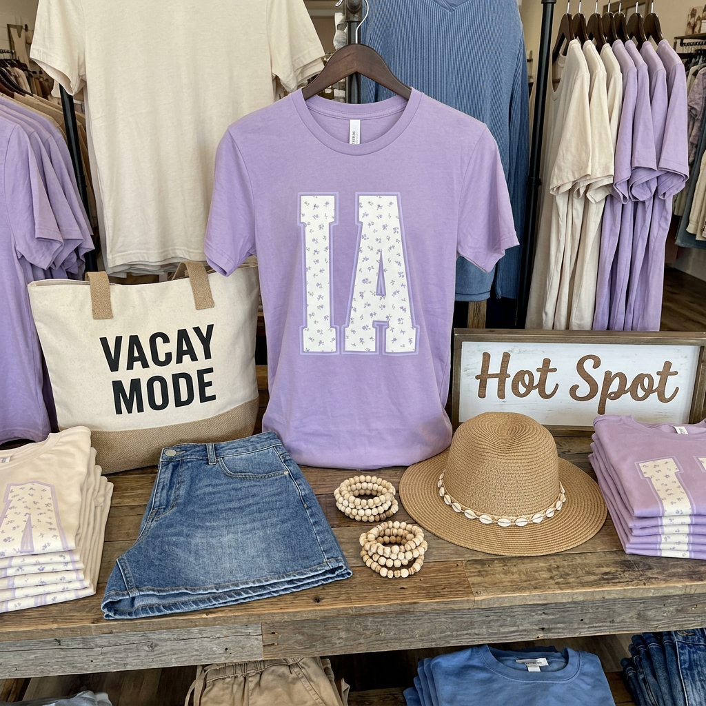 Purple t-shirt with 'IA' design on a wooden table with accessories and clothing in the background.