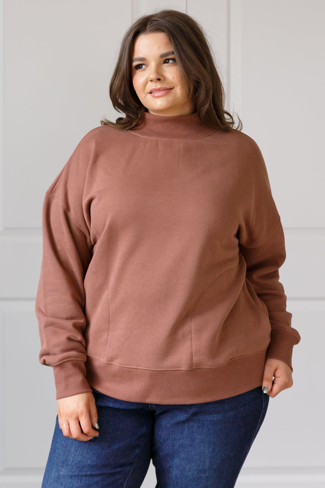Make No Mistake Mock Neck Pullover in Cocoa, sweatshirt fleece – alternate view 2
