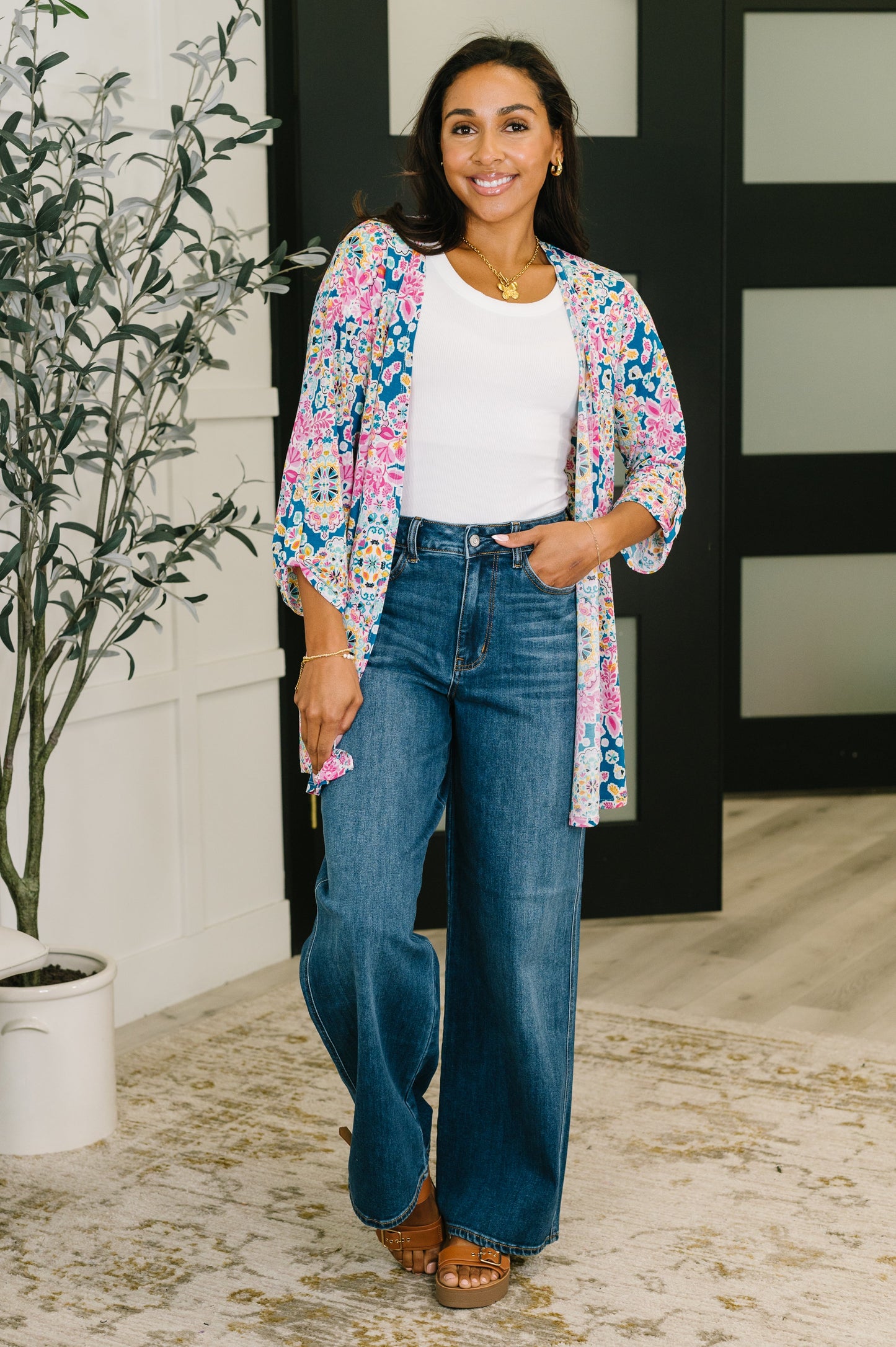 Lizzy cardigan in teal and pink floral abstract print – alternate view 3