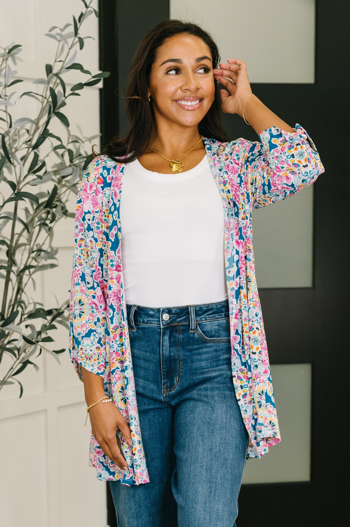 Lizzy cardigan in teal and pink floral abstract print