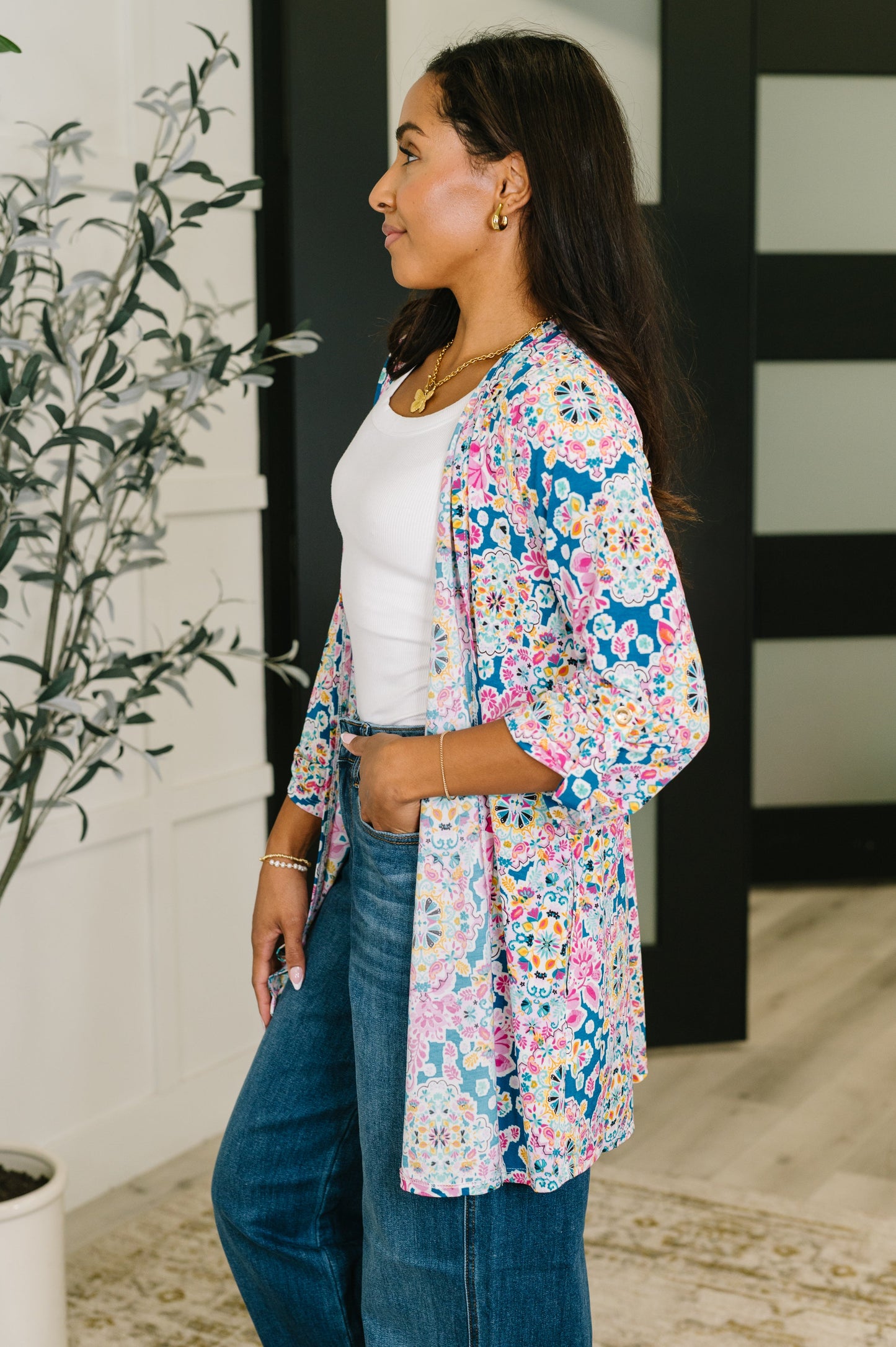 Lizzy cardigan in teal and pink floral abstract print – alternate view 4