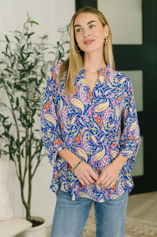 Lizzy top in royal blue paisley print