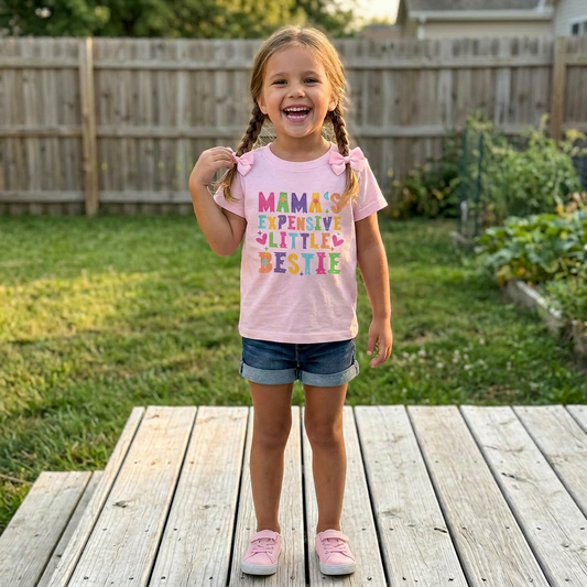 Young girl wearing a pink t-shirt with colorful text, standing on a wooden deck in a backyard.