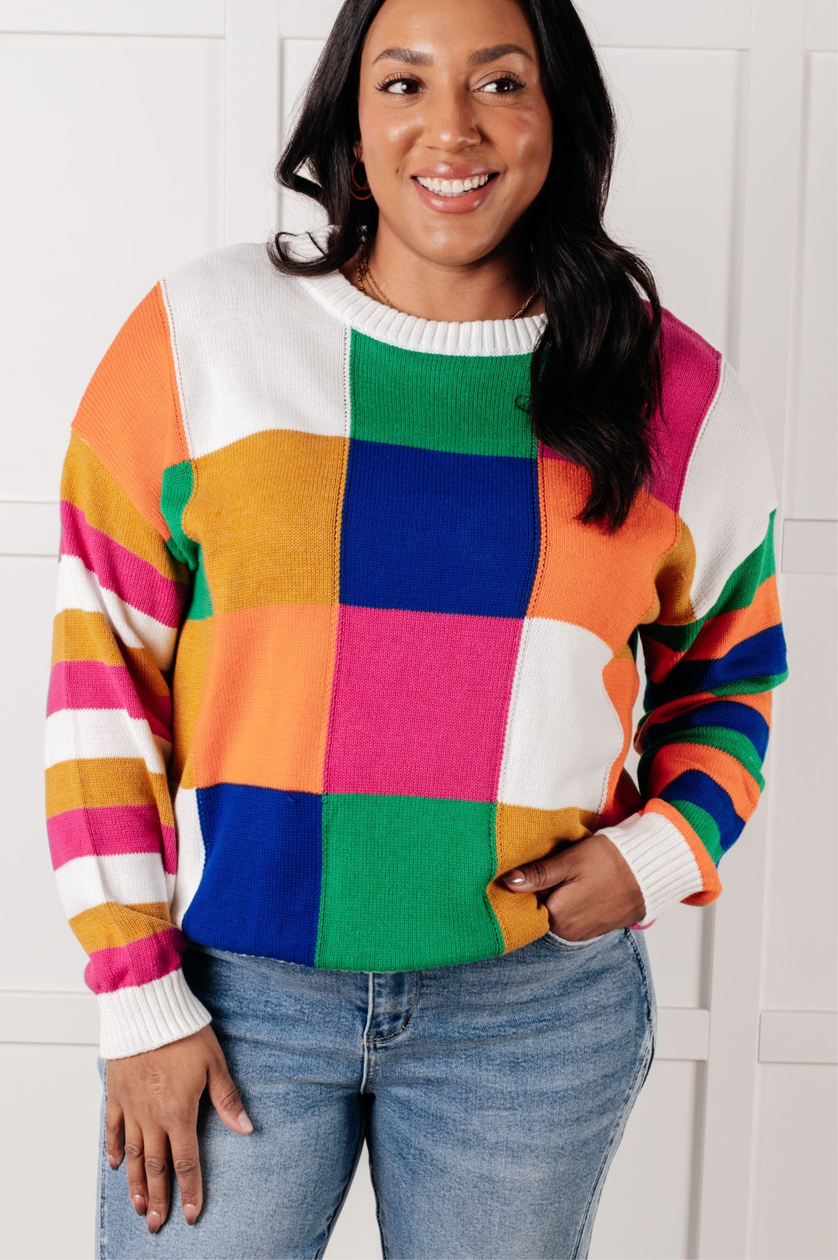 Manifesting Moment Checkered Color Block Sweater in sweater knit