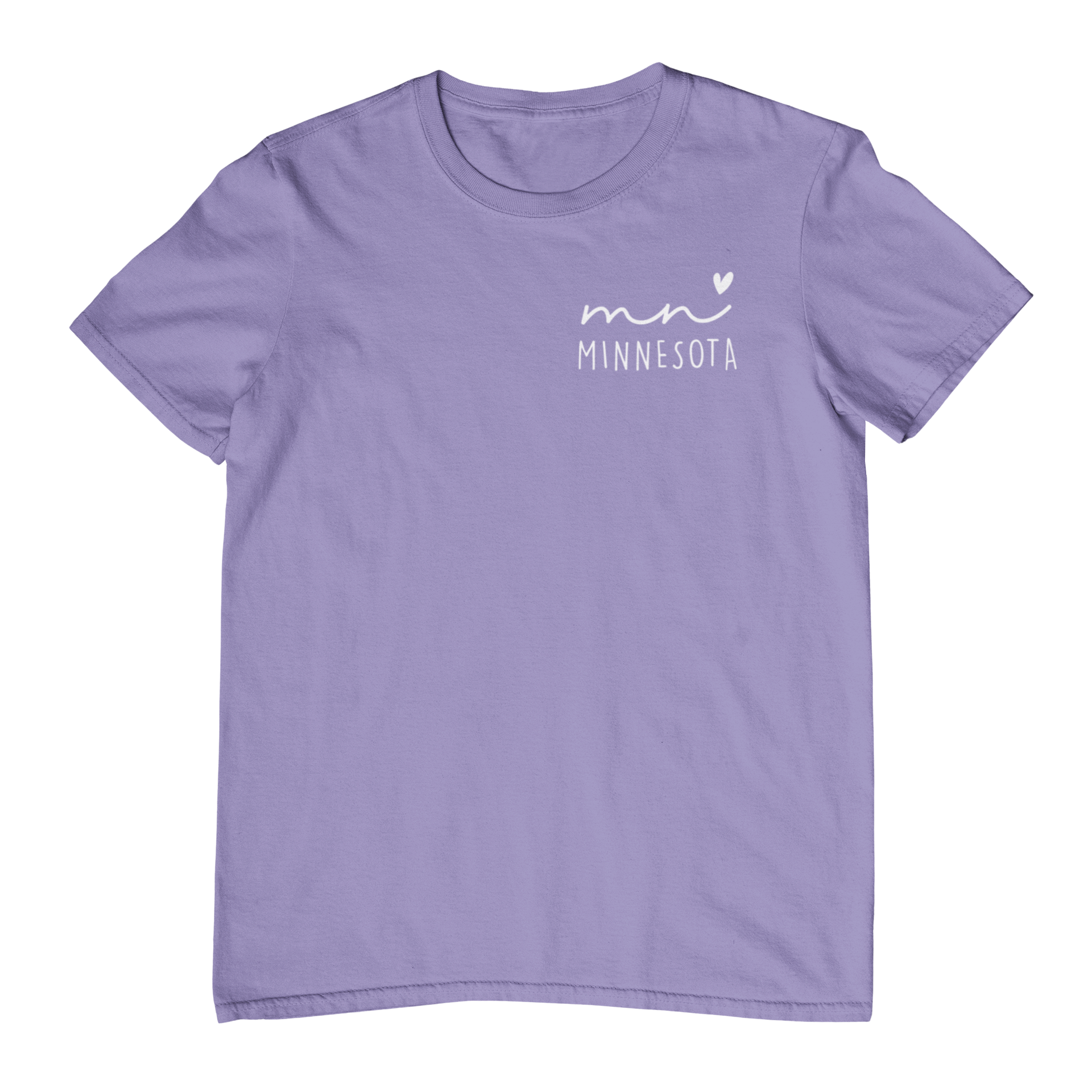Purple t-shirt with 'mn Minnesota' text on a white background