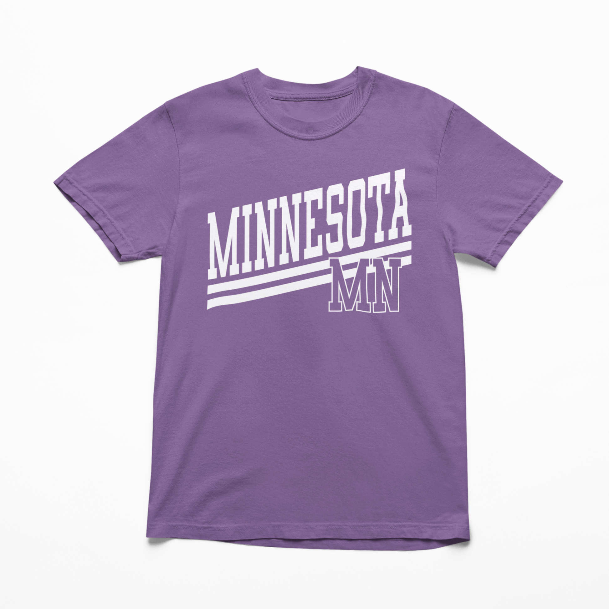 Purple t-shirt with 'MINNESOTA MN' text on a white background
