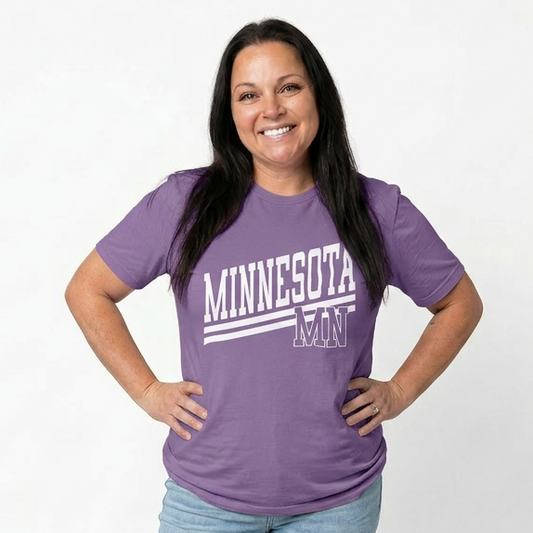 Woman wearing a purple 'MINNESOTA MN' t-shirt on a white background