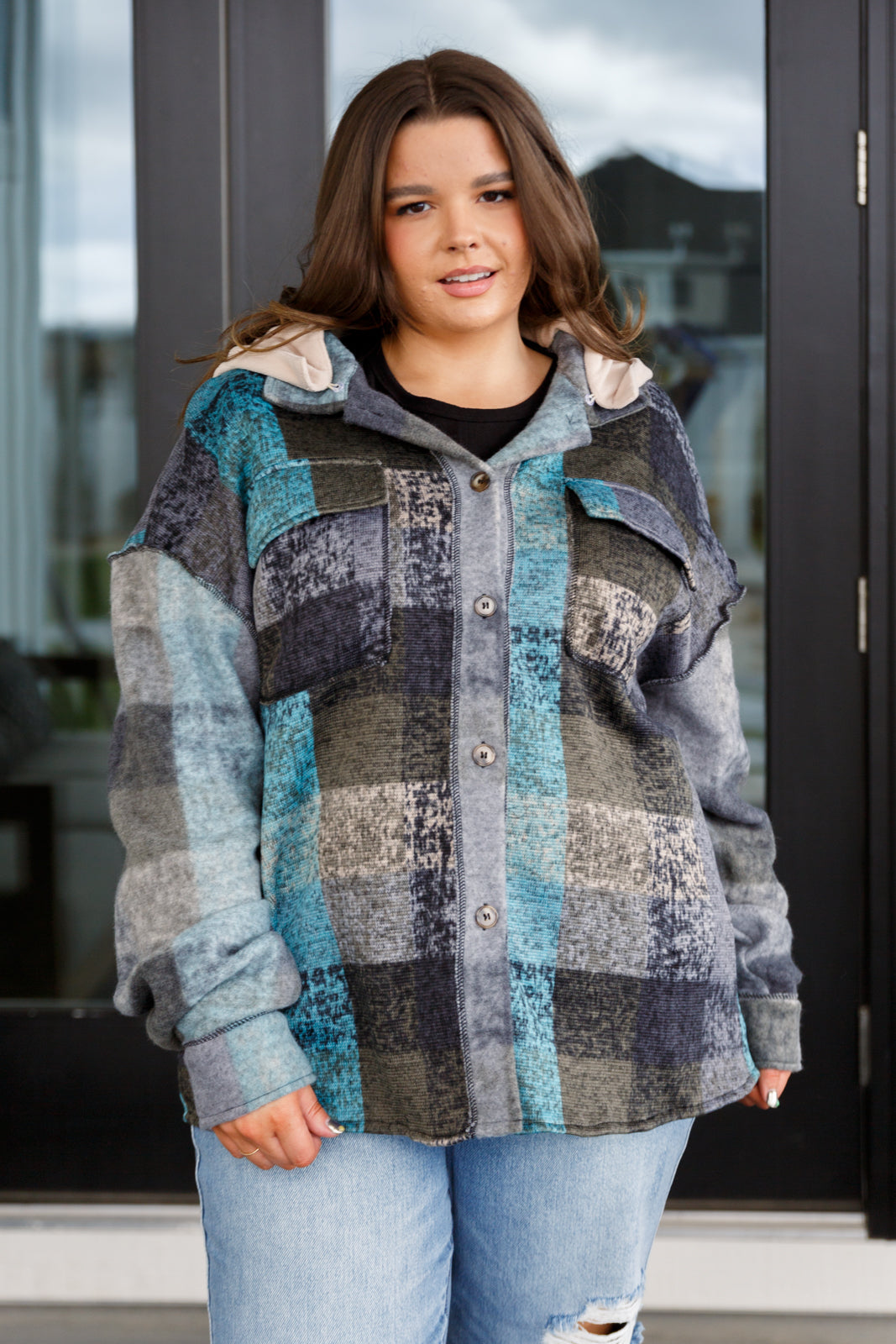 My Best Effort Hooded Shacket in plaid – alternate view 2