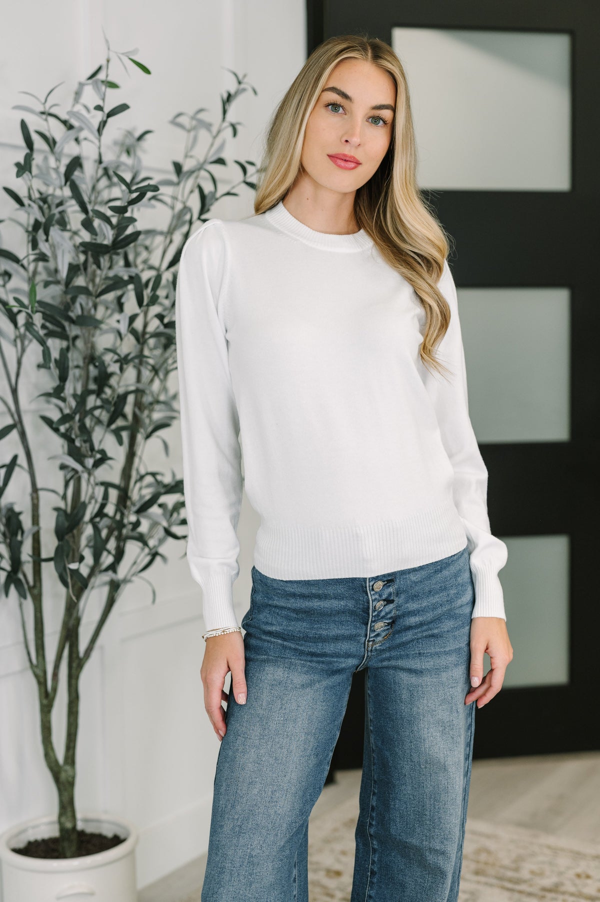 Necessary Closet Space Long Sleeve Top in White, knit