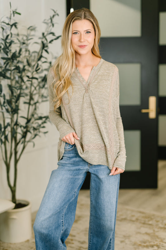 Never Been So Sure Lace Accent Henley Top in Taupe, knit