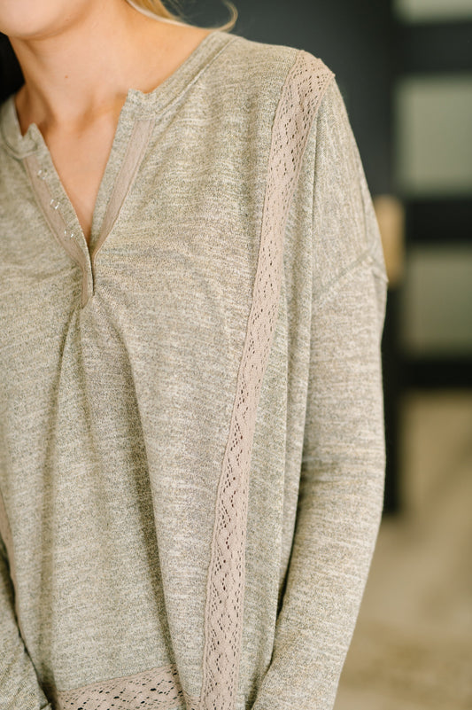 Never Been So Sure Lace Accent Henley Top in Taupe, knit – alternate view 2