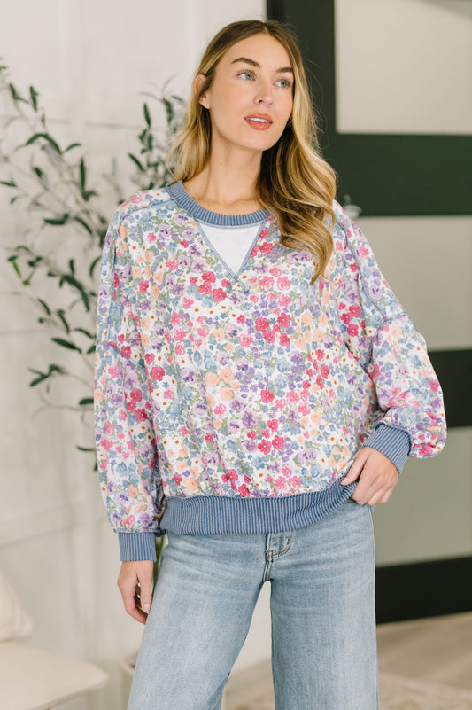 New Opportunities Drop Shoulder Floral Pullover – soft French terry with high stretch