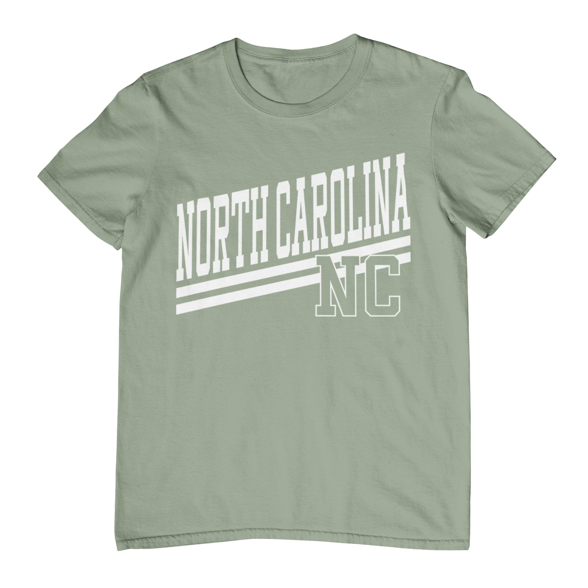 Green t-shirt with 'North Carolina NC' text on a white background