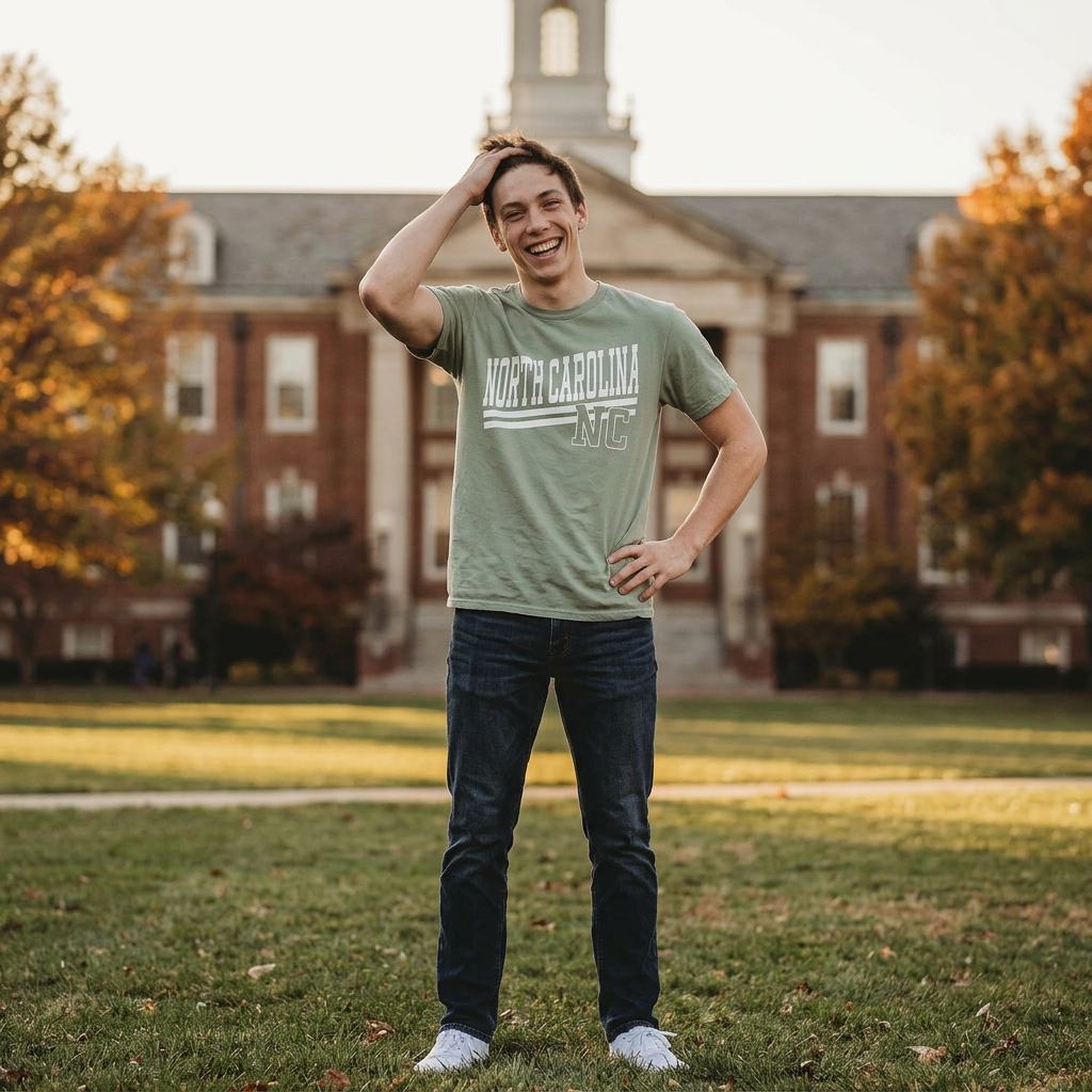 Person wearing a 'North Carolina' t-shirt standing on a grassy area with a building in the background