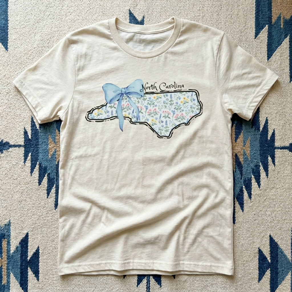 White t-shirt with a floral North Carolina design and blue bow on a patterned surface
