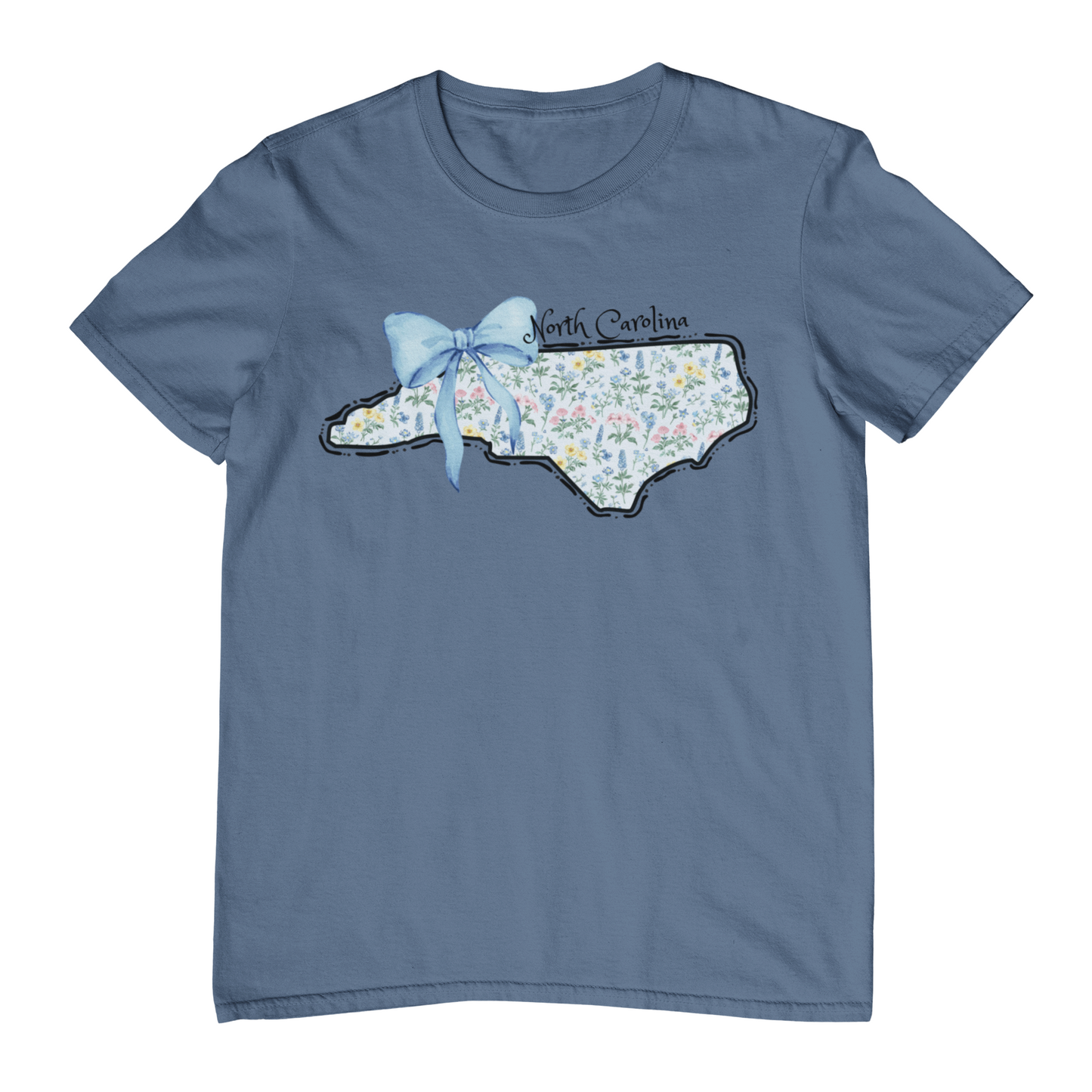 Blue t-shirt with a floral North Carolina design on a white background