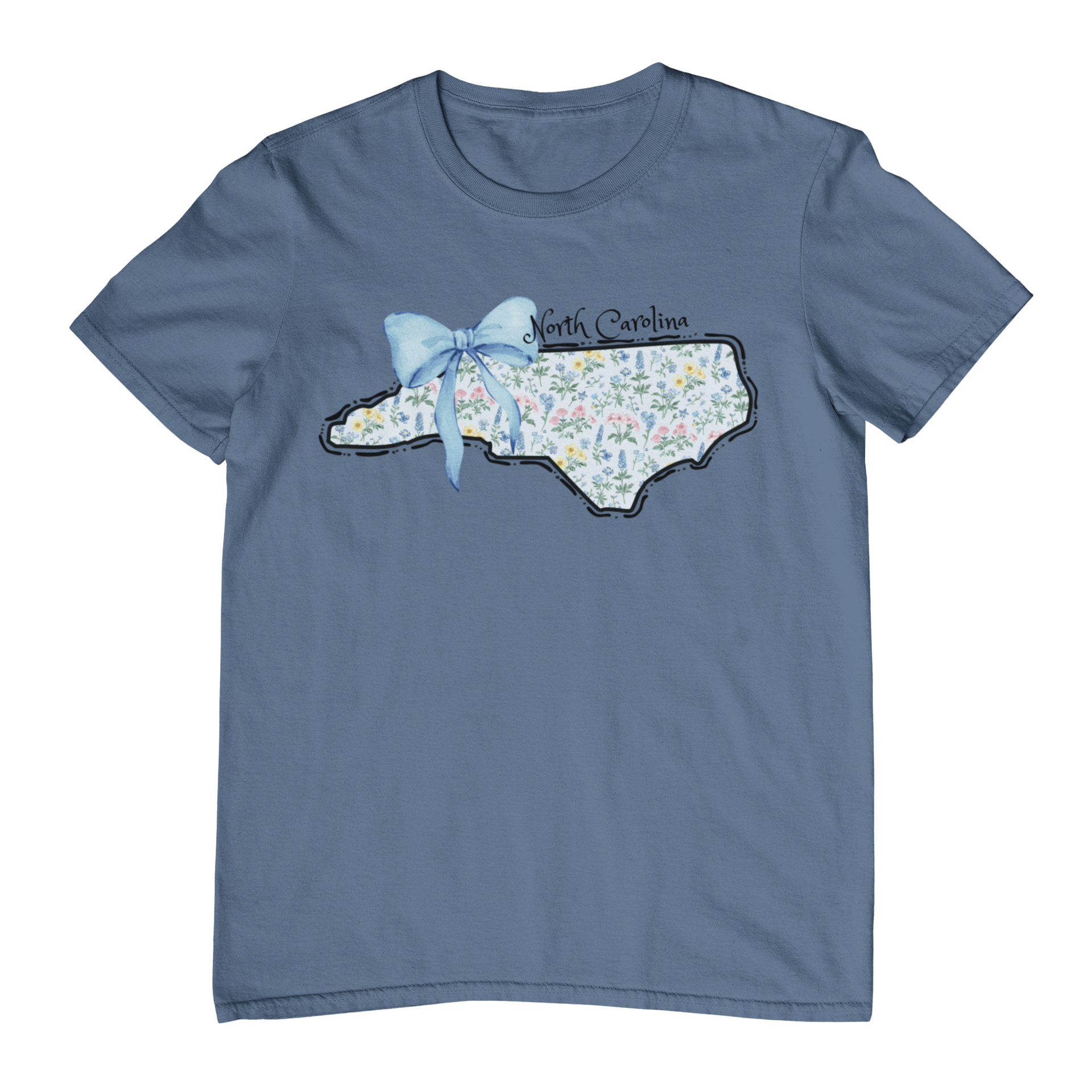 Blue t-shirt with a floral North Carolina design on a white background