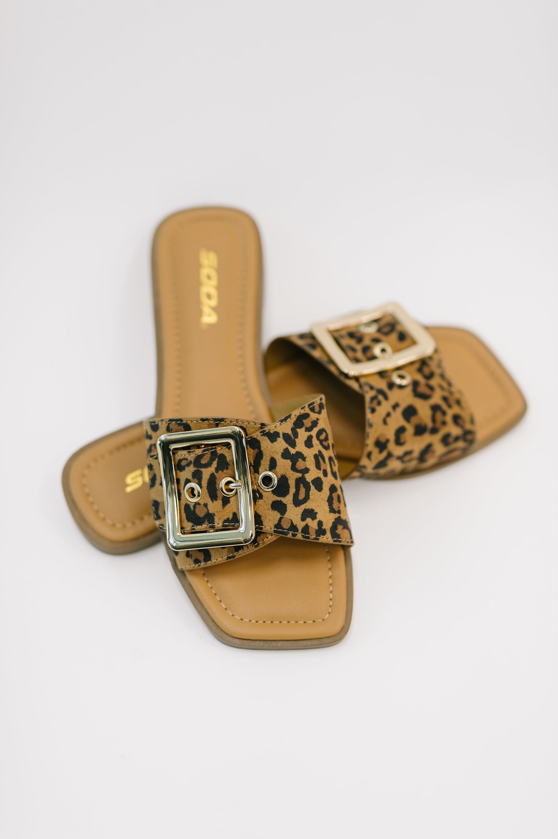 Opera square toe buckle slip-on sandal in leopard print micro suede