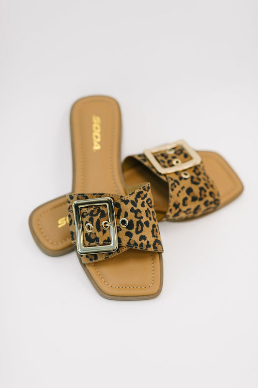 Opera square toe buckle slip-on sandal in leopard print micro suede