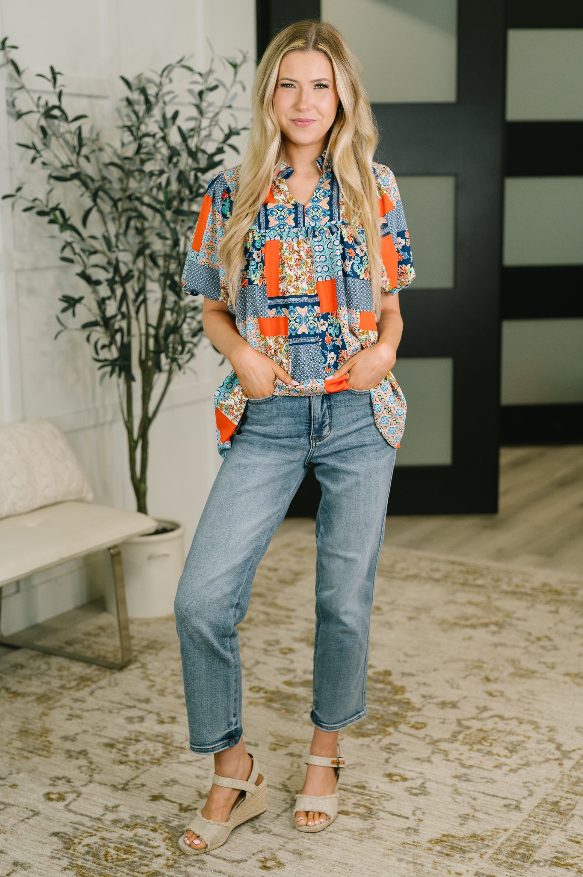 Pardon Me Patchwork Puff Sleeve Blouse – poplin woven fabric with patchwork design and split neckline – alternate view 3