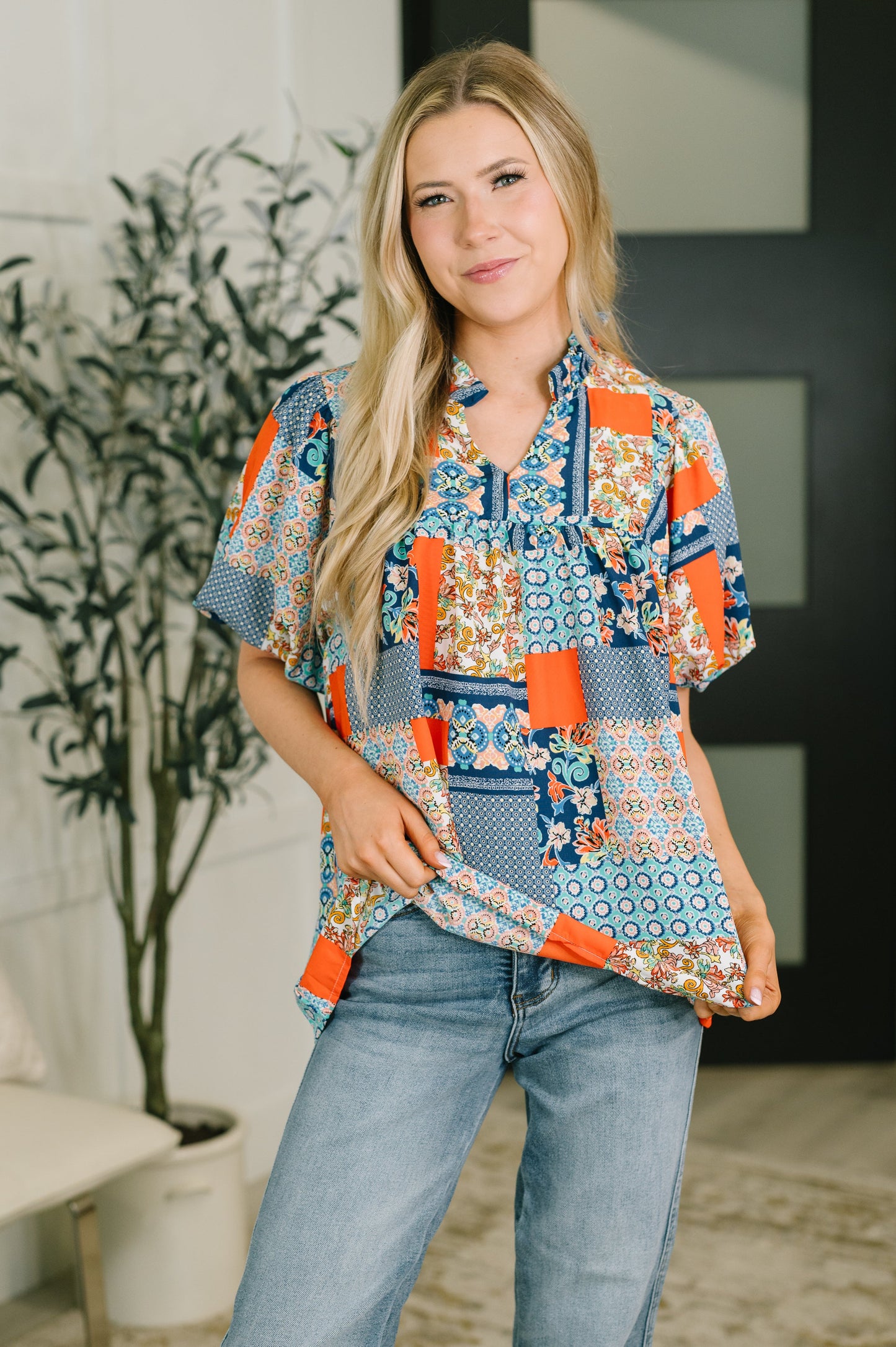 Pardon Me Patchwork Puff Sleeve Blouse – poplin woven fabric with patchwork design and split neckline