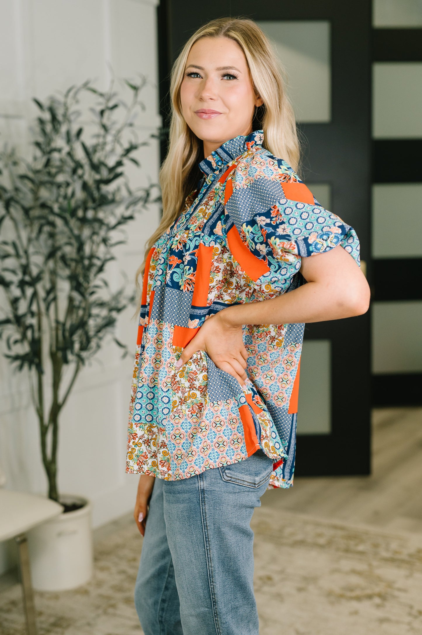 Pardon Me Patchwork Puff Sleeve Blouse – poplin woven fabric with patchwork design and split neckline – alternate view 4