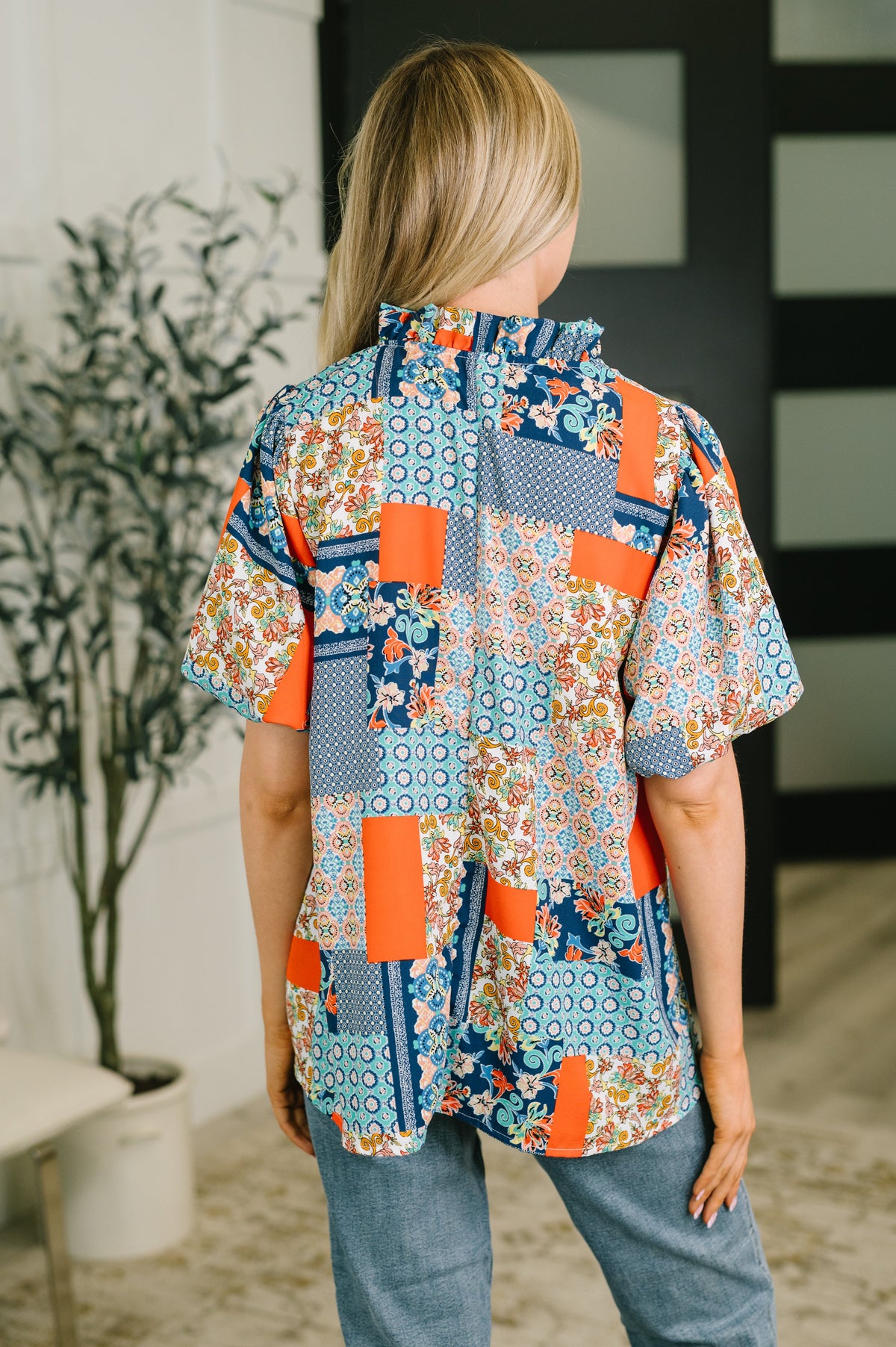 Pardon Me Patchwork Puff Sleeve Blouse – poplin woven fabric with patchwork design and split neckline – alternate view 5