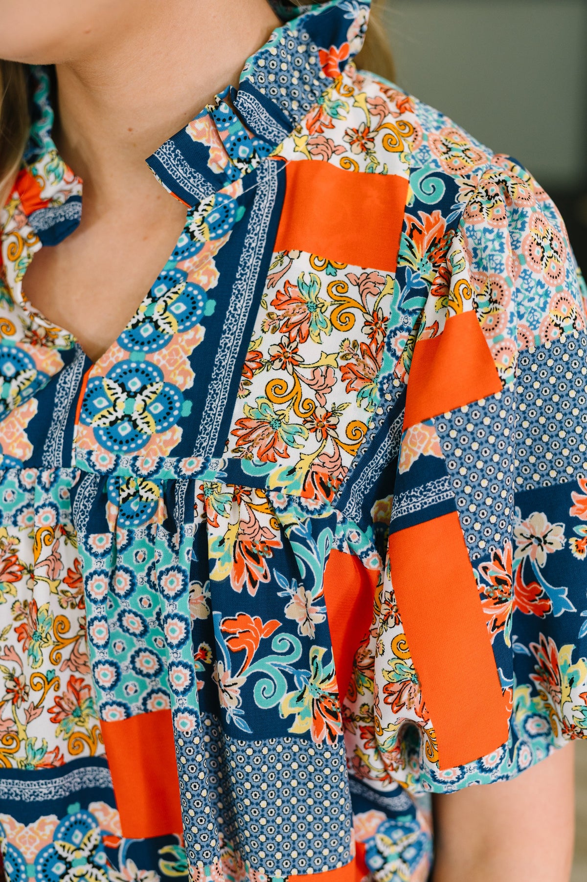 Pardon Me Patchwork Puff Sleeve Blouse – poplin woven fabric with patchwork design and split neckline – alternate view 2