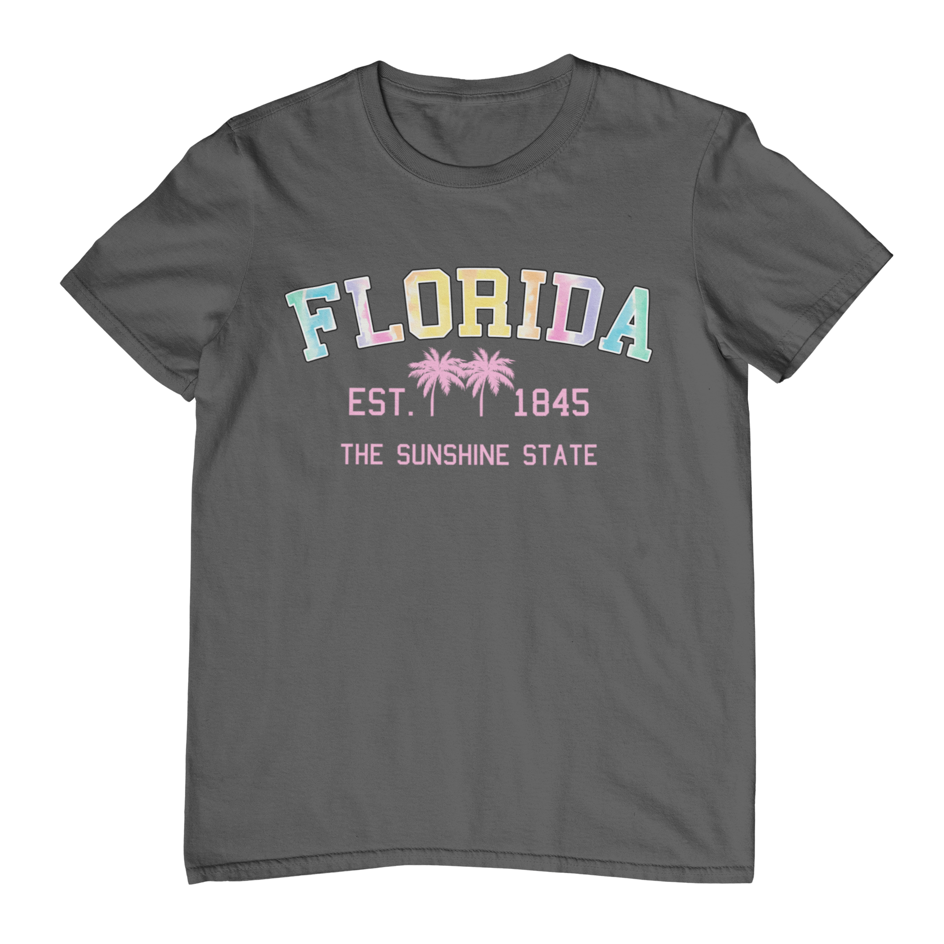Gray t-shirt with 'Florida' text and palm tree design on a white background