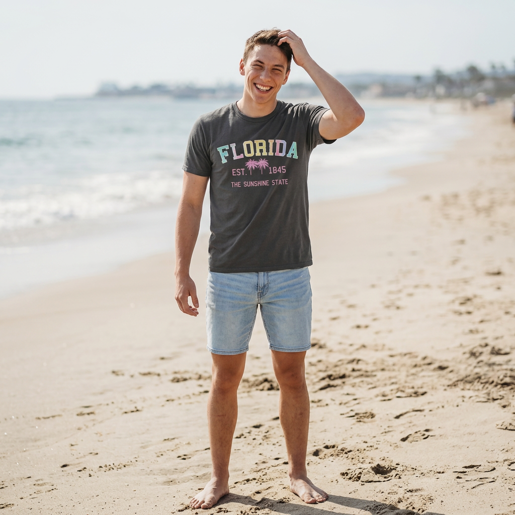 Man wearing a 'Florida' t-shirt on a beach