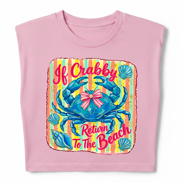 Pink sleeveless shirt with a colorful crab graphic and text on a white background