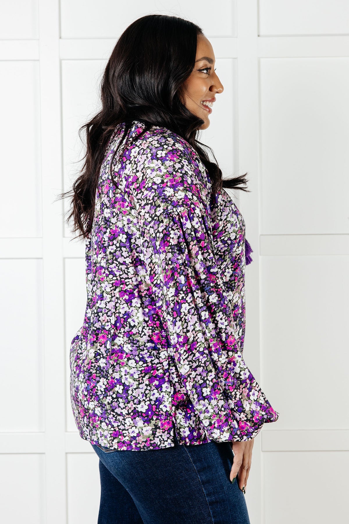 Pulled Together Ditsy Floral Bubble Sleeve Blouse in poplin woven – alternate view 6