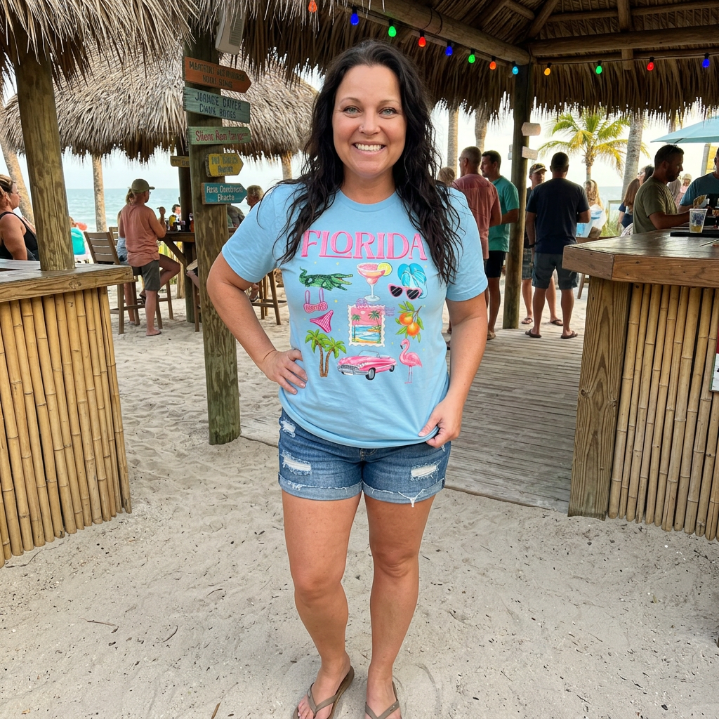 Woman wearing a 'Florida' t-shirt at a beachside bar.
