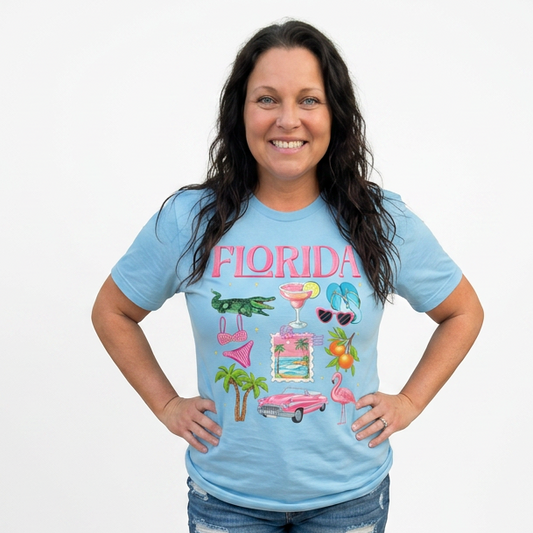 Woman wearing a light blue t-shirt with 'Florida' and various icons on a white background
